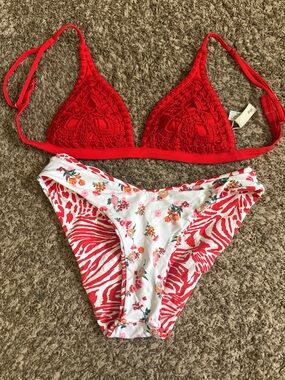 Maaji Red Crochet Triangle Bikini Top with Floral & Red Zebra Print Bottom